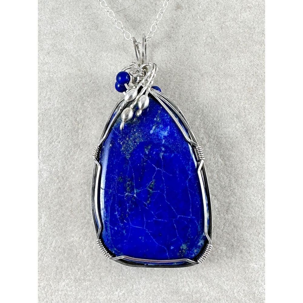 Handmade Lapis Large Bail Pendant Stone Sterling Silver Wire Wrapped Necklace